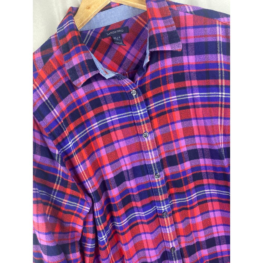 Lands End Plaid Flannel Shirt Womens sz XL/T 18 Purple/Red Flip Cuff Button